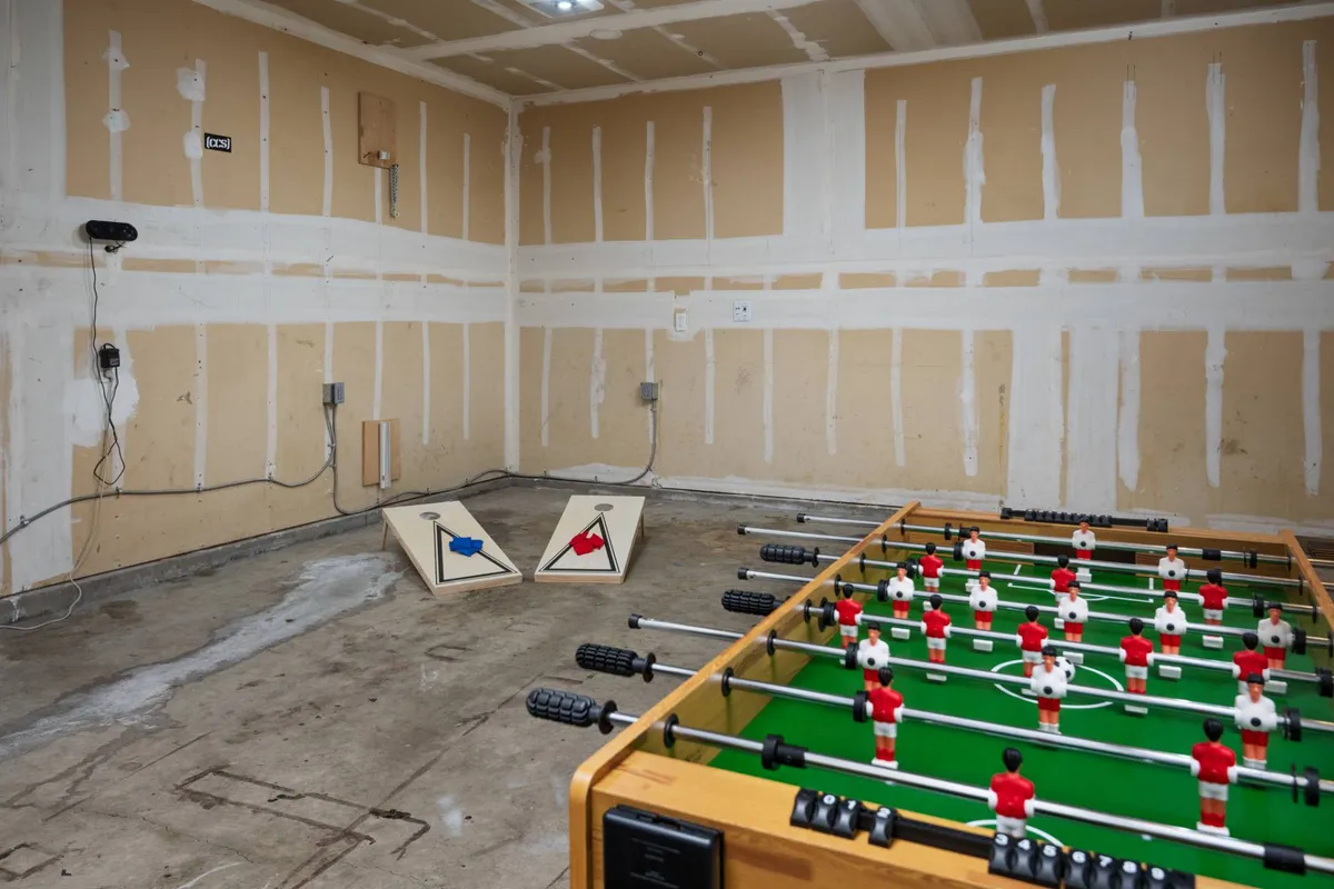 A bright, inviting interior space showcasing a foosball table and bean bag toss boards, signaling space for group games and socializing in a relaxed setting. The decor and setup encourage friendly gatherings and leisure activities.