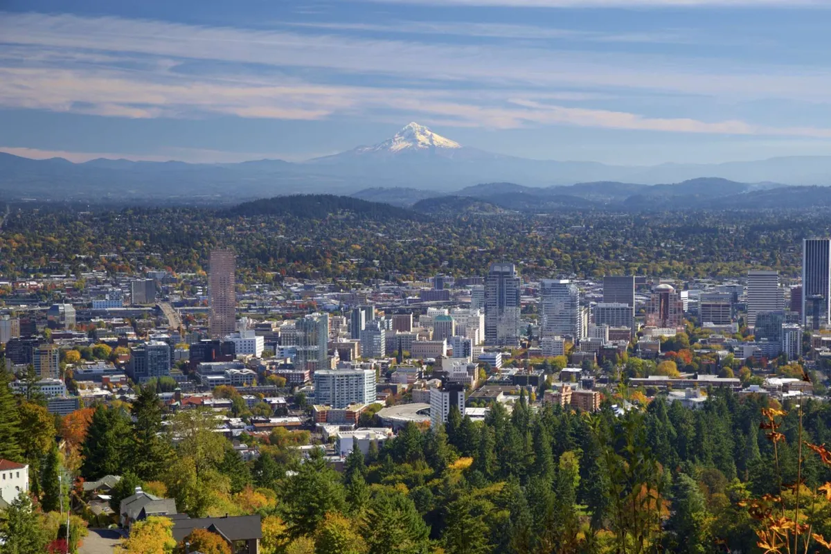 A sweeping view of Mount Hood, downtown Portland, and autumn foliage, showcasing the area's natural beauty and outdoor potential. The image captures the allure of local trails and parks accessible from the property.