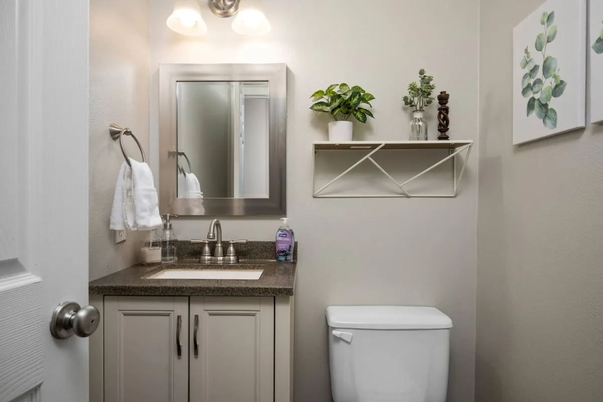 A well-lit bathroom with a modern sink, large mirror, decorative plants, and tasteful wall art. The ambiance is fresh and calming, perfect for quick refreshment or a personal routine.